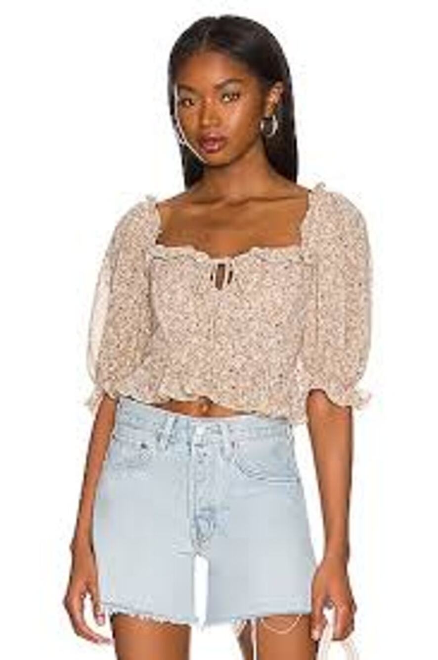 Revolve ASTR the Label Floral Puff Sleeve Crop Top Smocked Back S Taupe Multi